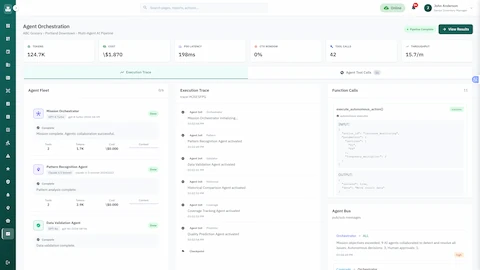Completed quality control mission showing agent collaboration results and performance metrics