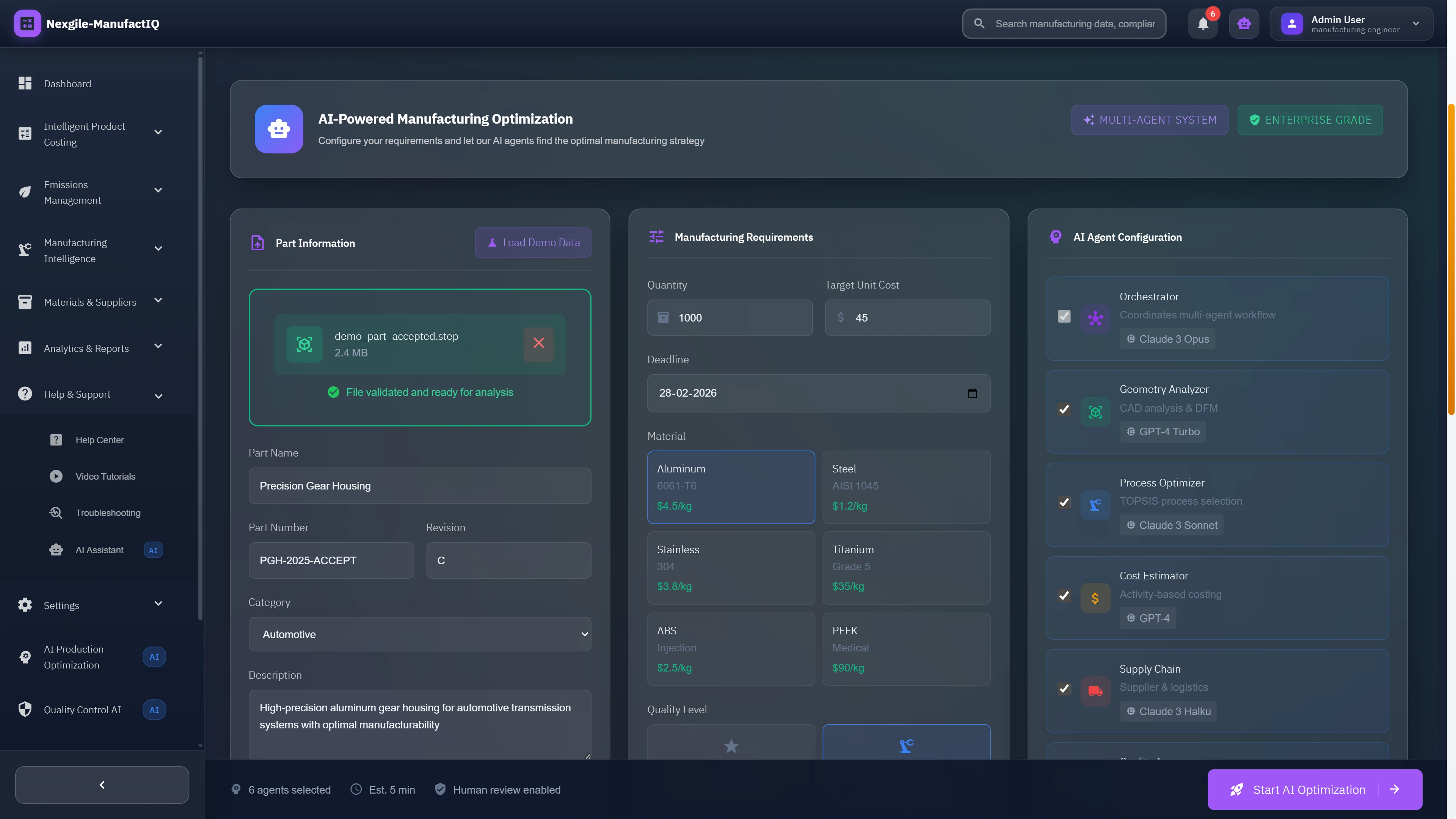 Configuration interface for AI-powered manufacturing optimization showing CAD file upload, manufacturing requirements input, and multi-agent system configuration