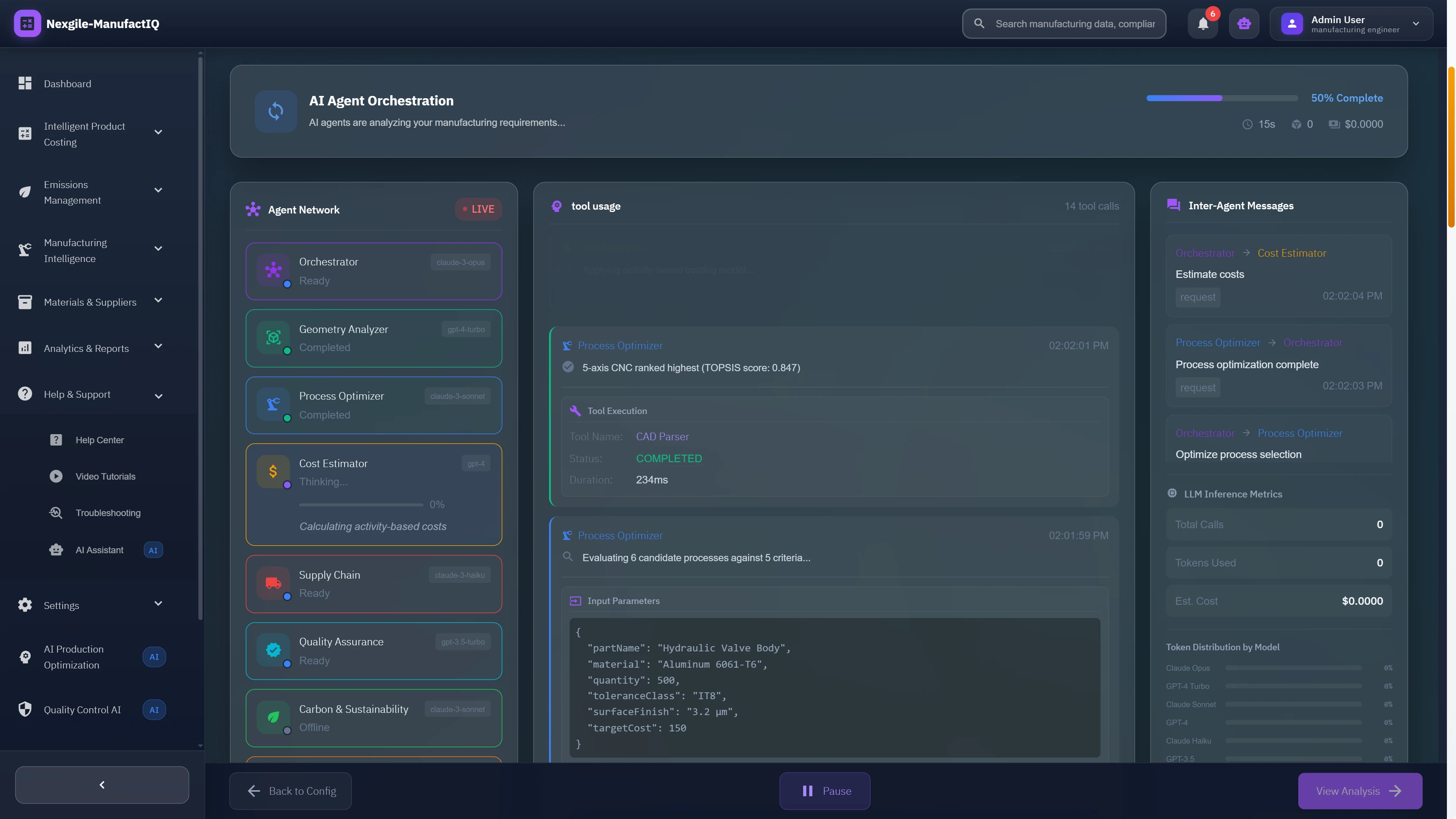 Live agent orchestration dashboard displaying real-time multi-agent workflow execution with tool usage, inter-agent messaging, and LLM inference metrics