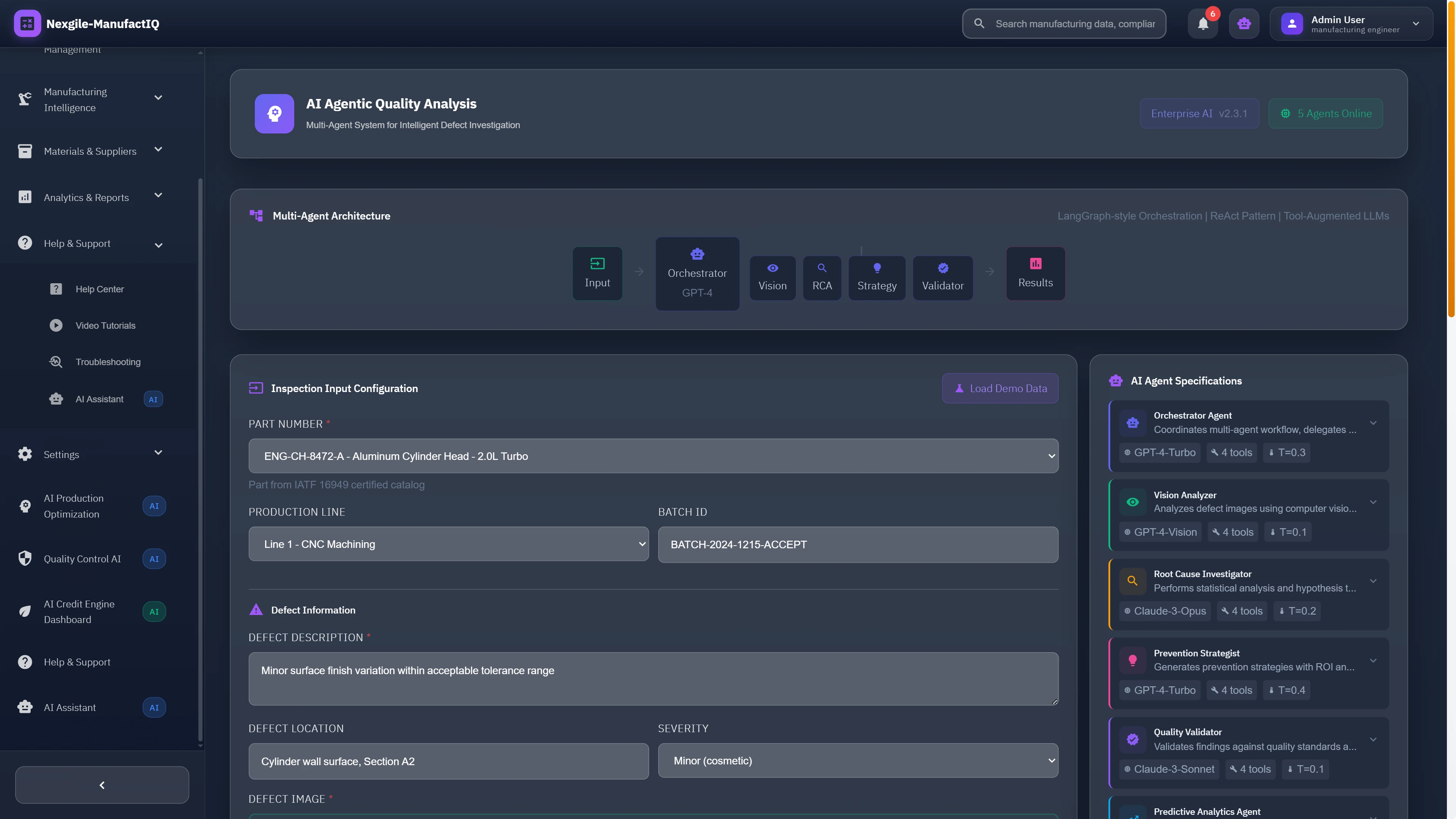 Quality analysis configuration page displaying multi-agent architecture with orchestrator, vision analyzer, root cause investigator, and validation agents using LangGraph pattern