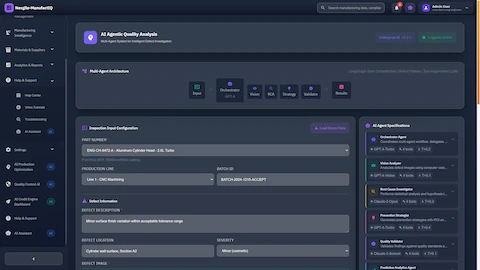 Quality analysis configuration page displaying multi-agent architecture with orchestrator, vision analyzer, root cause investigator, and validation agents using LangGraph pattern
