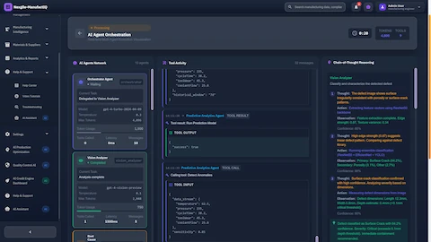 Real-time agent orchestration view showing AI agents collaborating with chain-of-thought reasoning, tool activity, and defect classification analysis in progress