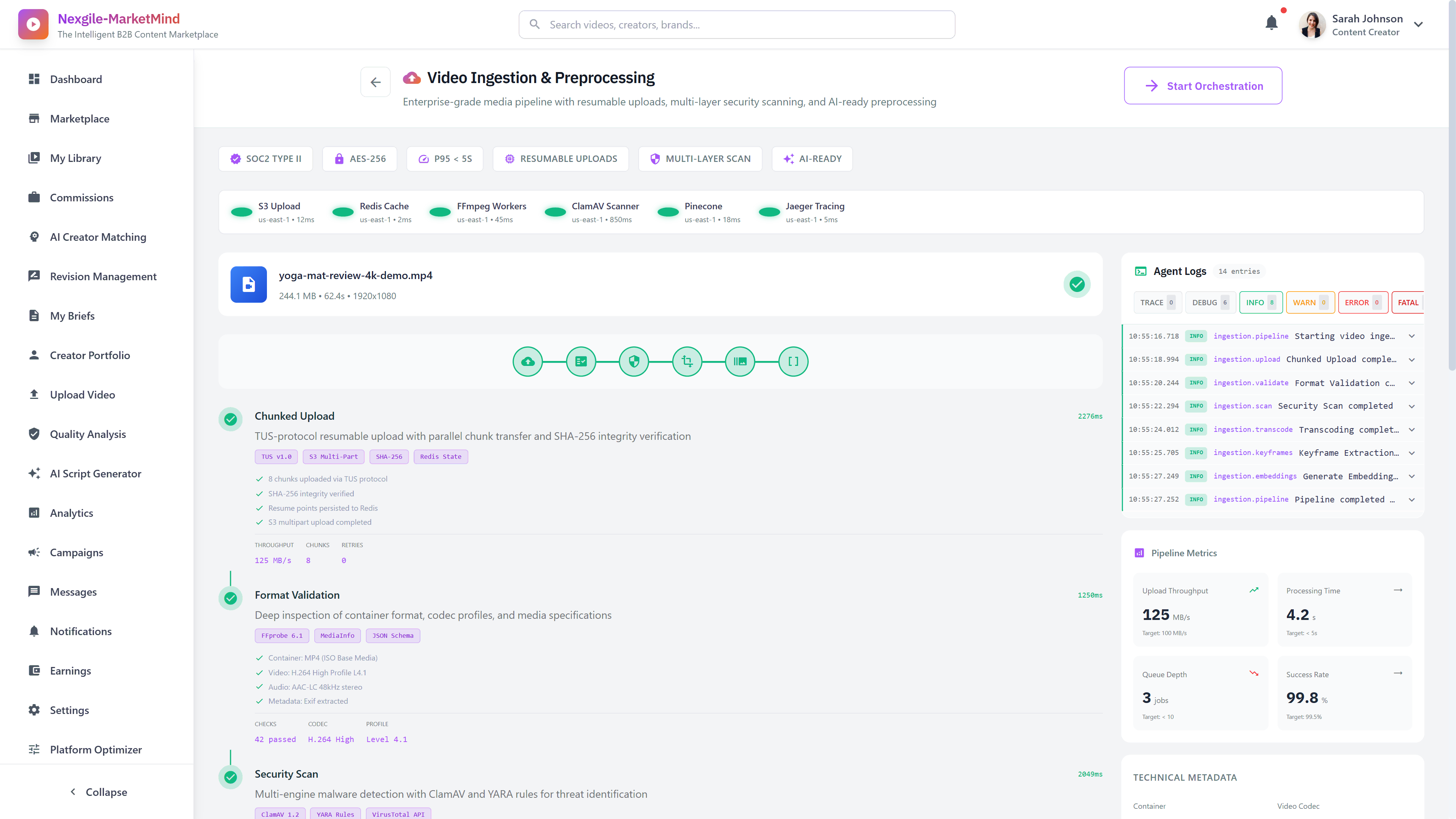 Video Ingestion & Preprocessing - Enterprise-grade media pipeline with resumable uploads, multi-layer security scanning, and AI-ready preprocessing