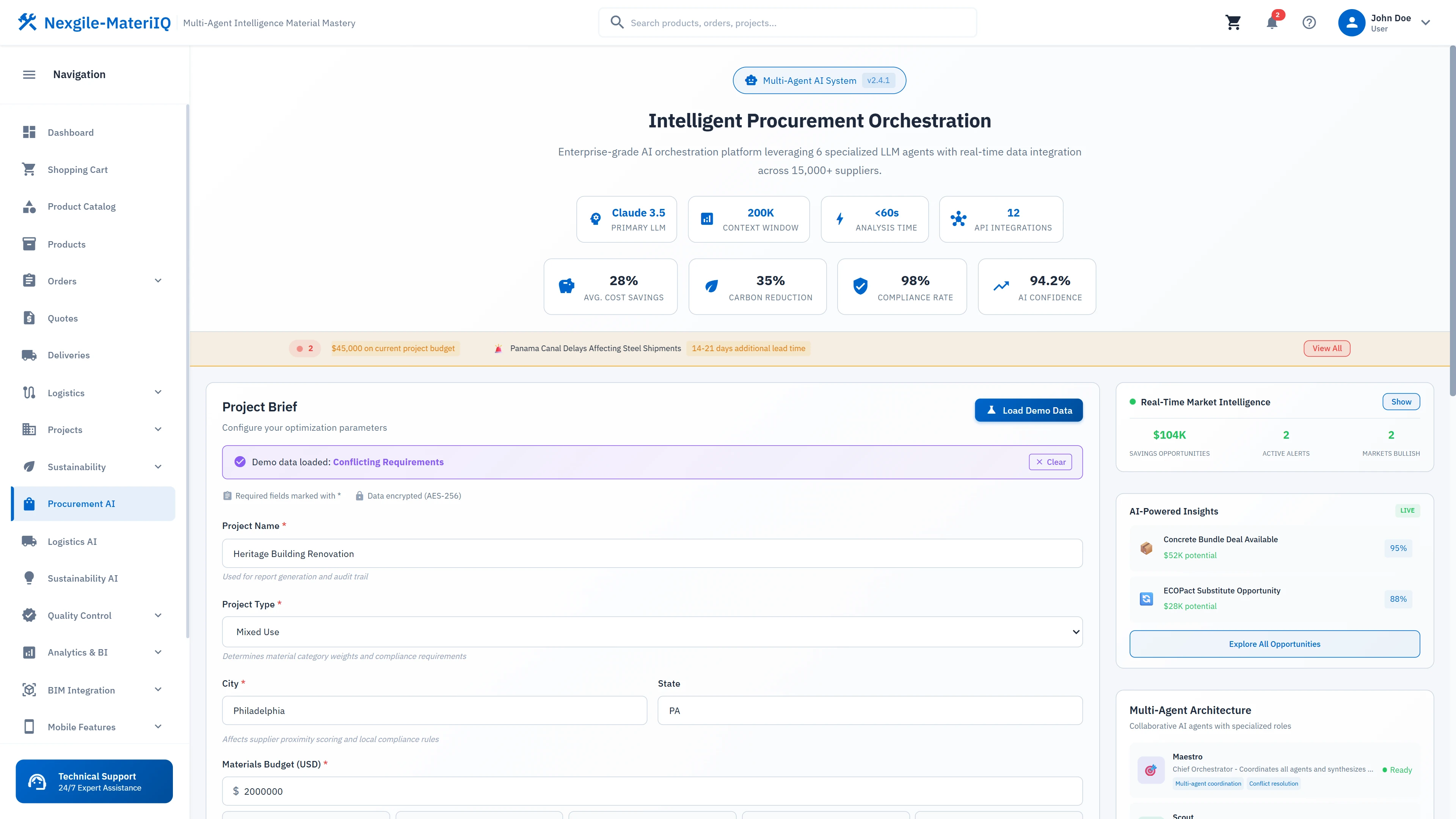 Project briefing with sustainability targets, budget constraints, and multi-agent insights for procurement decision-making