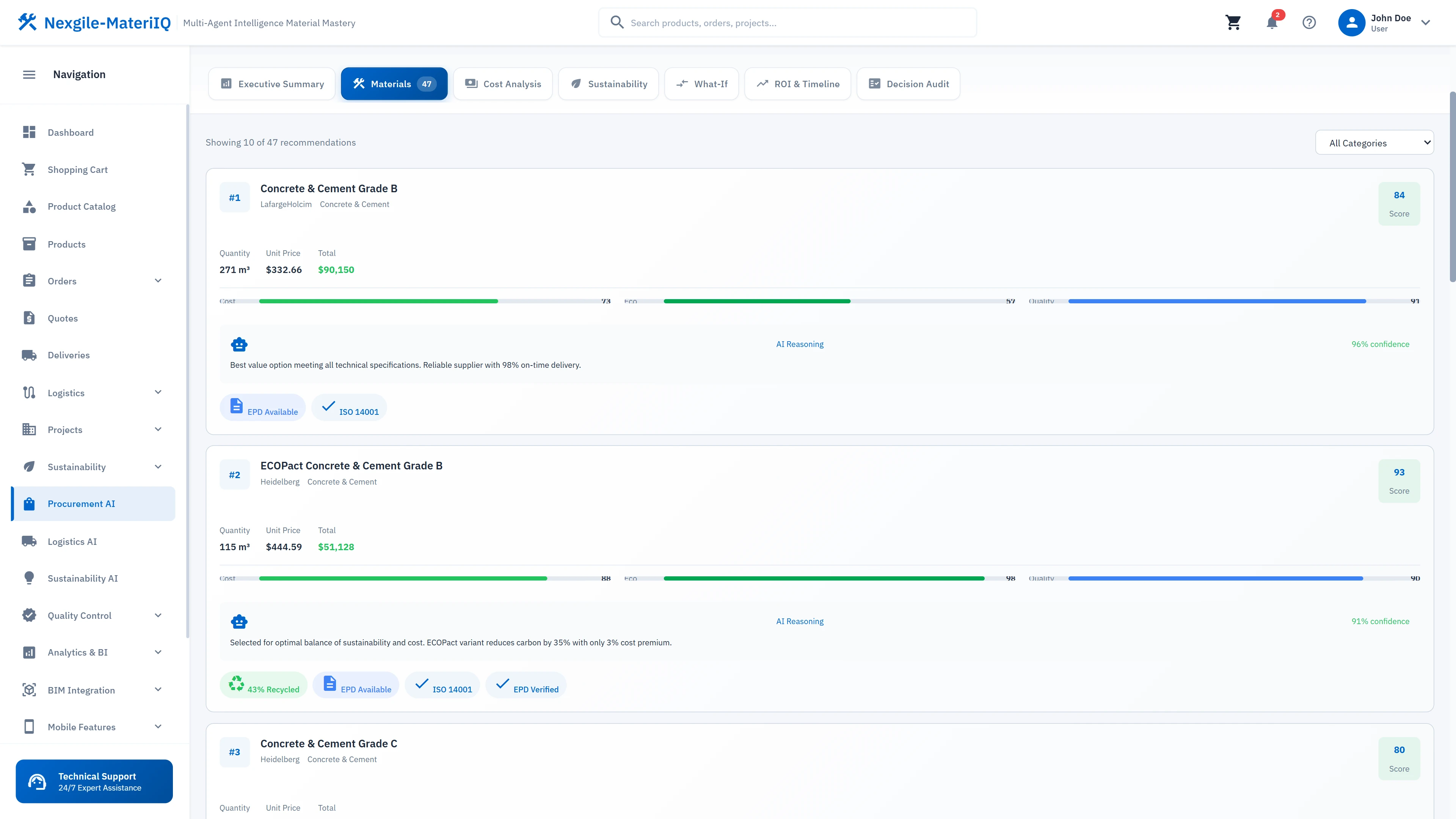 Material recommendations catalog displaying sustainable concrete options with scoring, pricing, and certification badges