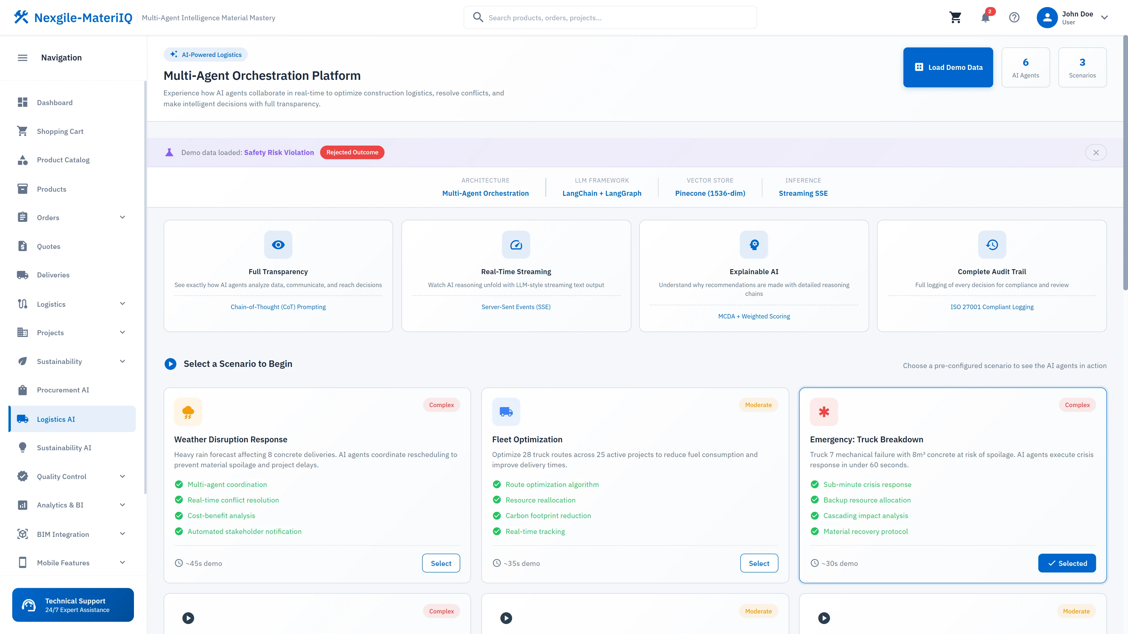 Scenario selection interface presenting weather disruption, fleet optimization, and emergency response options