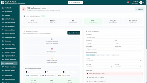 AI Crisis Response System - Live market intelligence dashboard with clinician availability, fill rates, and crisis configuration panel with quick start templates