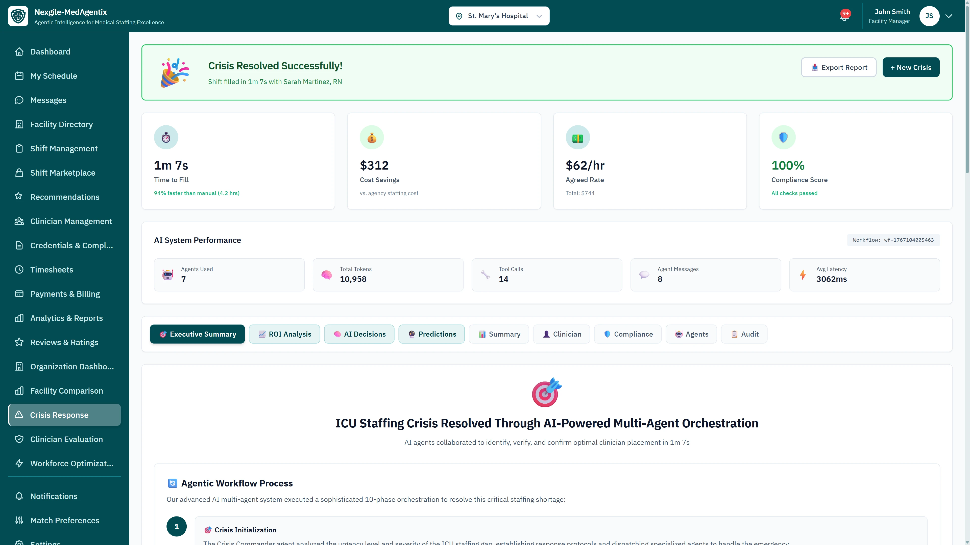 Crisis Resolved Successfully - Resolution metrics showing 1m 7s completion time, $312 cost savings, $62/hr agent rate, 100% compliance score, and agentic workflow process overview