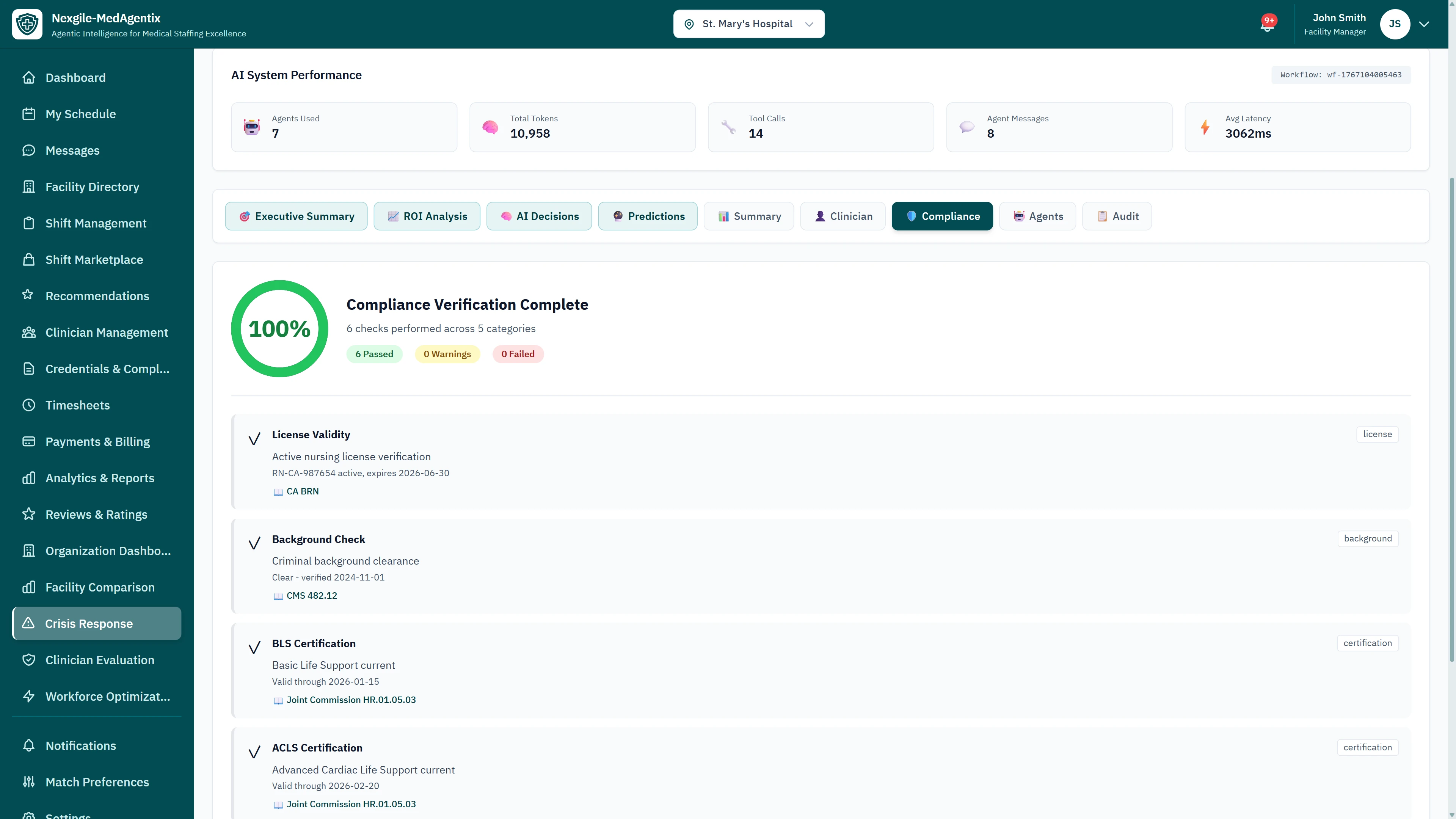Compliance Verification Complete - 100% compliance score with 6 passed checks including license validity, background check clearance, and BLS/ACLS certifications with regulatory citations
