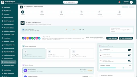 AI Compliance Agent Configuration - Analysis mode selection (Single Clinician, Batch Analysis, Facility-Wide), clinician selection with credential scores, and autonomous features including auto-scheduling and predictive alerts