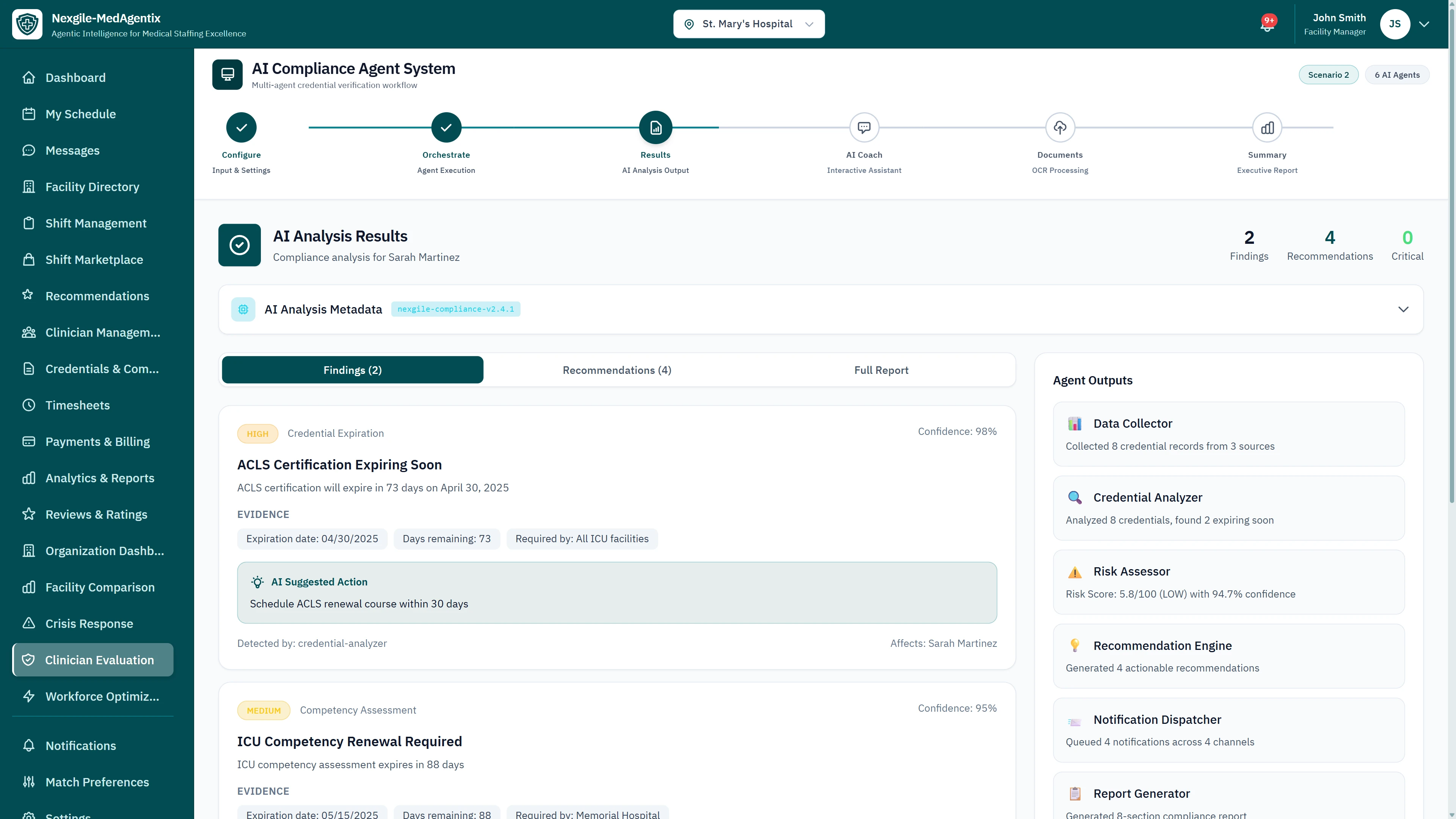 AI Analysis Results - Compliance findings showing ACLS Certification Expiring Soon and ICU Competency Renewal Required with AI suggested actions and agent outputs summary