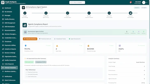 Agentic Compliance Report - Executive summary with 99.9% compliance score, 2 open risks, $4194K projected savings, 312% ROI, and AI-generated key takeaways including proactive monitoring and automated renewals