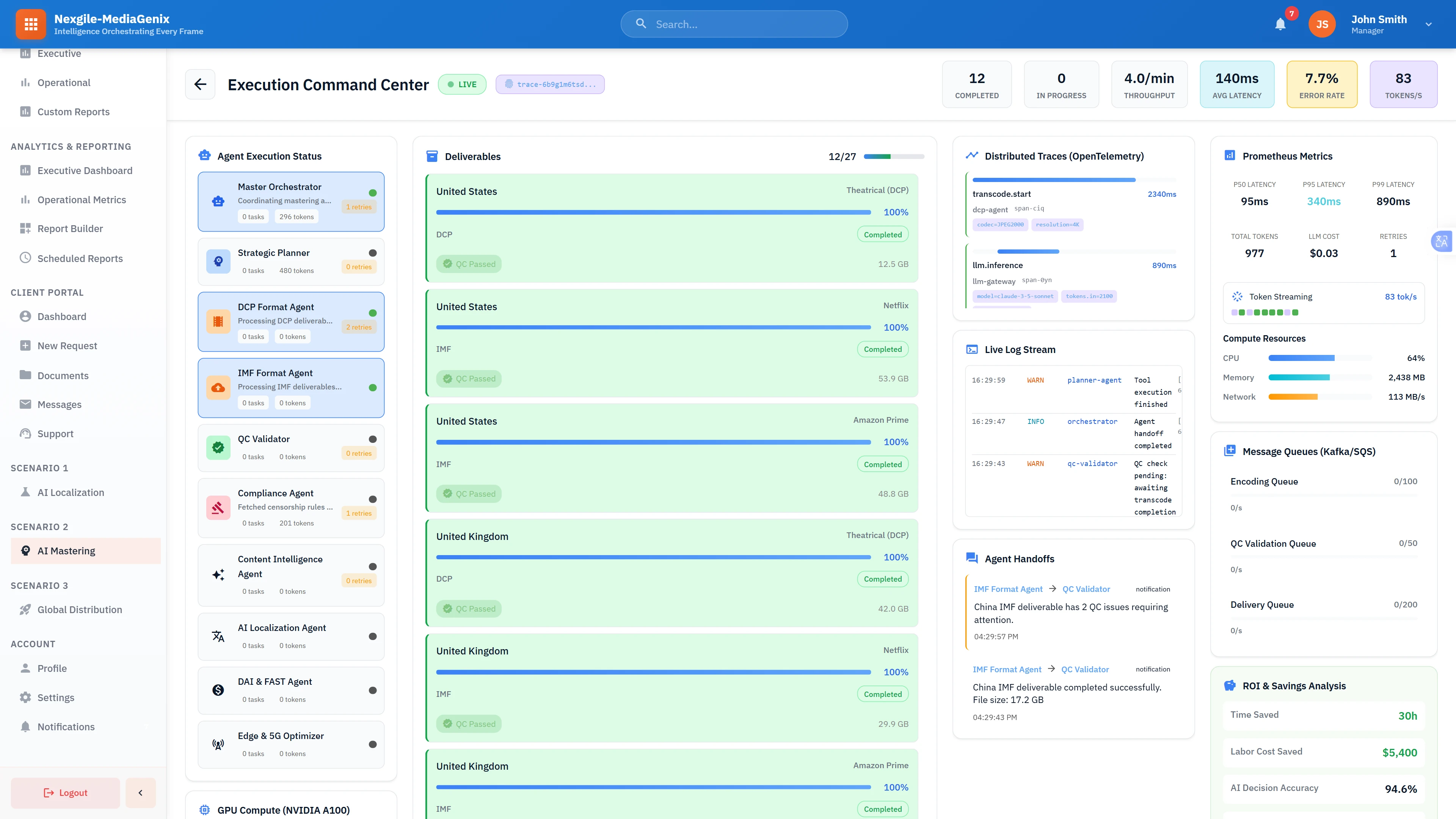 Execution Command Center: Live monitoring dashboard displaying agent execution status, deliverable progress across territories, distributed traces, Prometheus metrics, and system resource utilization