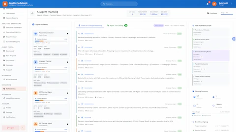 AI Planning Interface: Strategic planner showing chain-of-thought reasoning, task decomposition across specialized agents, and dependency graph for parallel encoding workflow optimization