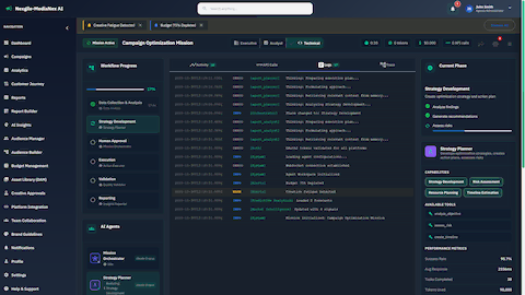 Technical logs view with detailed agent activity, API calls, and system events