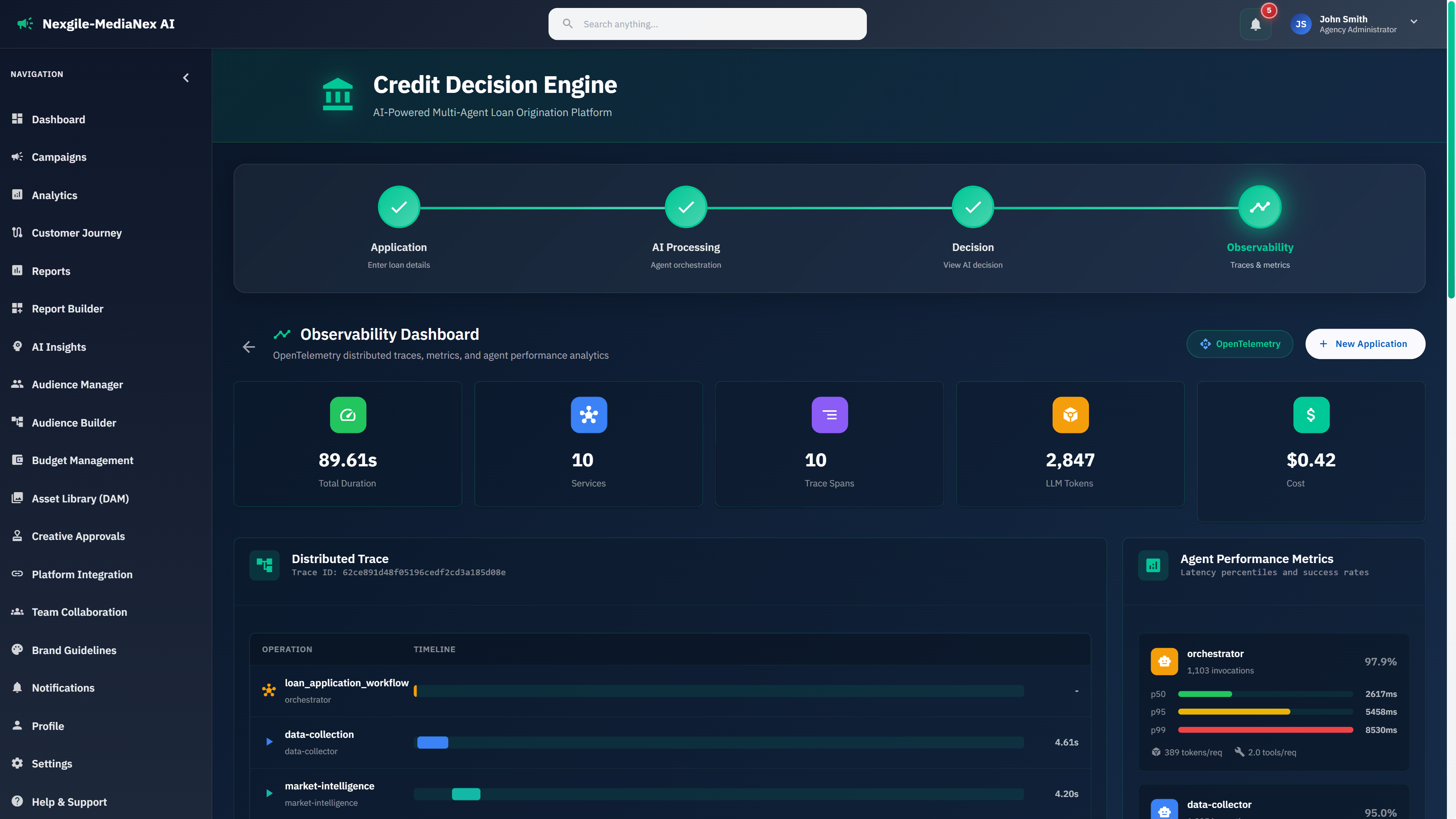 Observability dashboard with OpenTelemetry distributed traces and agent performance metrics