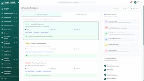 AI Valuation Intelligence interface with quick-start scenarios for SFR, condo, and rural properties showing product recommendations and 6-agent network