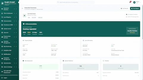 Executive summary decision brief displaying final Desktop Appraisal recommendation with risk assessment, QC prediction, and projected timeline