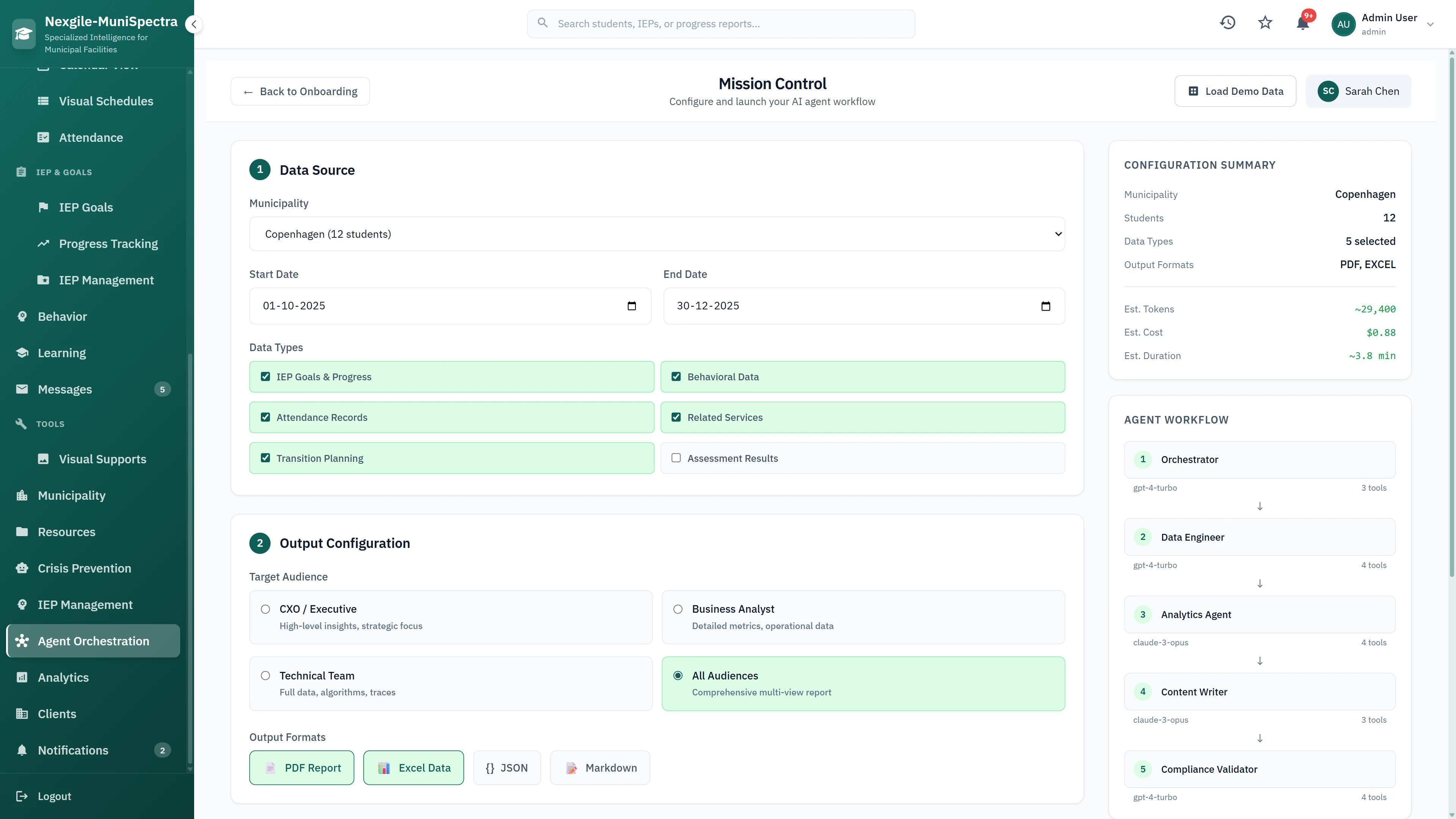 Mission Control - Municipality report configuration with data source selection, output formats (PDF, Excel, JSON), target audience settings, and agent workflow overview