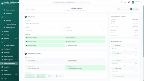 Mission Control - Municipality report configuration with data source selection, output formats (PDF, Excel, JSON), target audience settings, and agent workflow overview