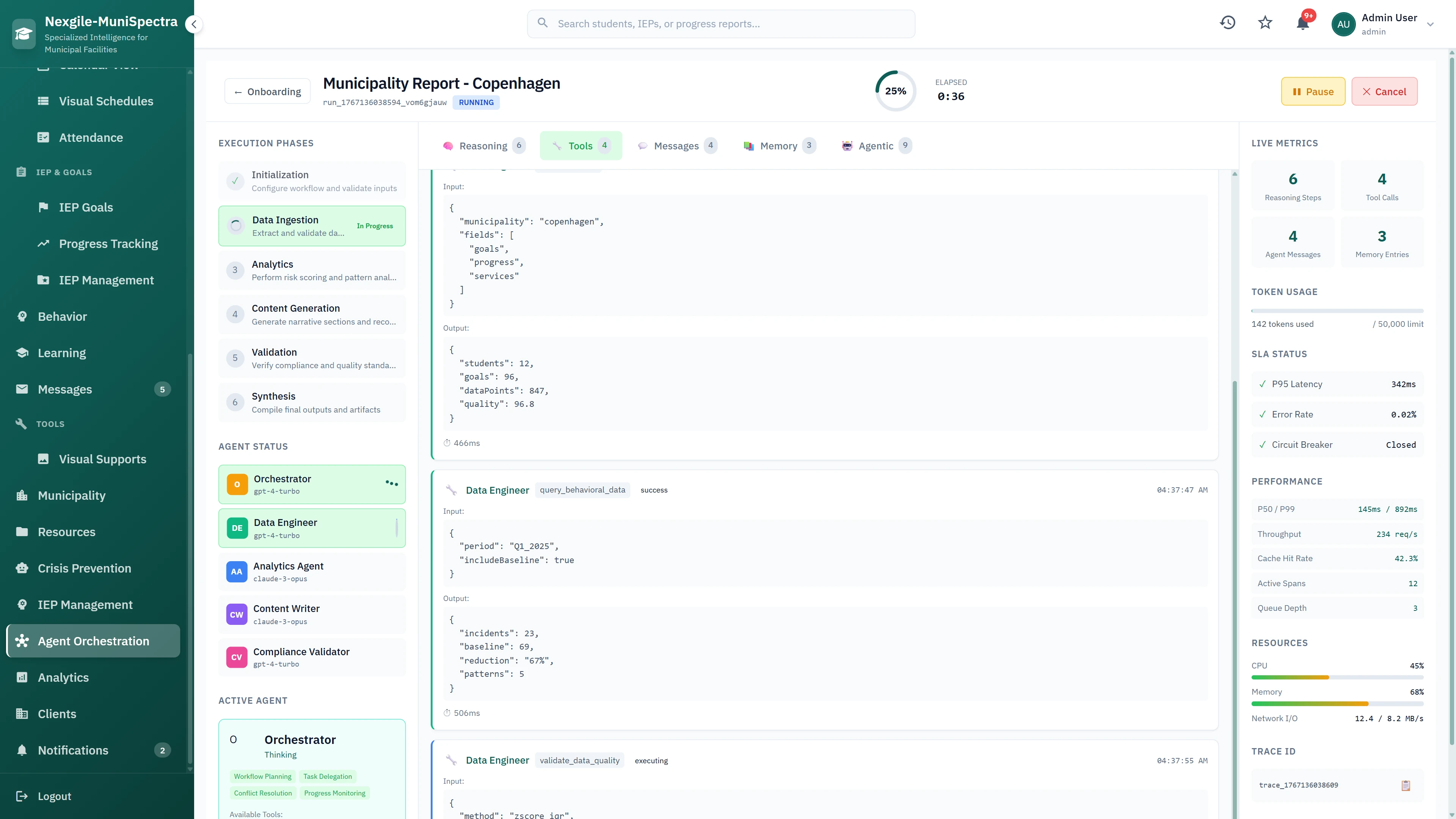 Municipality Report Generation - Real-time execution phases with agent status tracking, live metrics, and multi-agent data processing pipeline