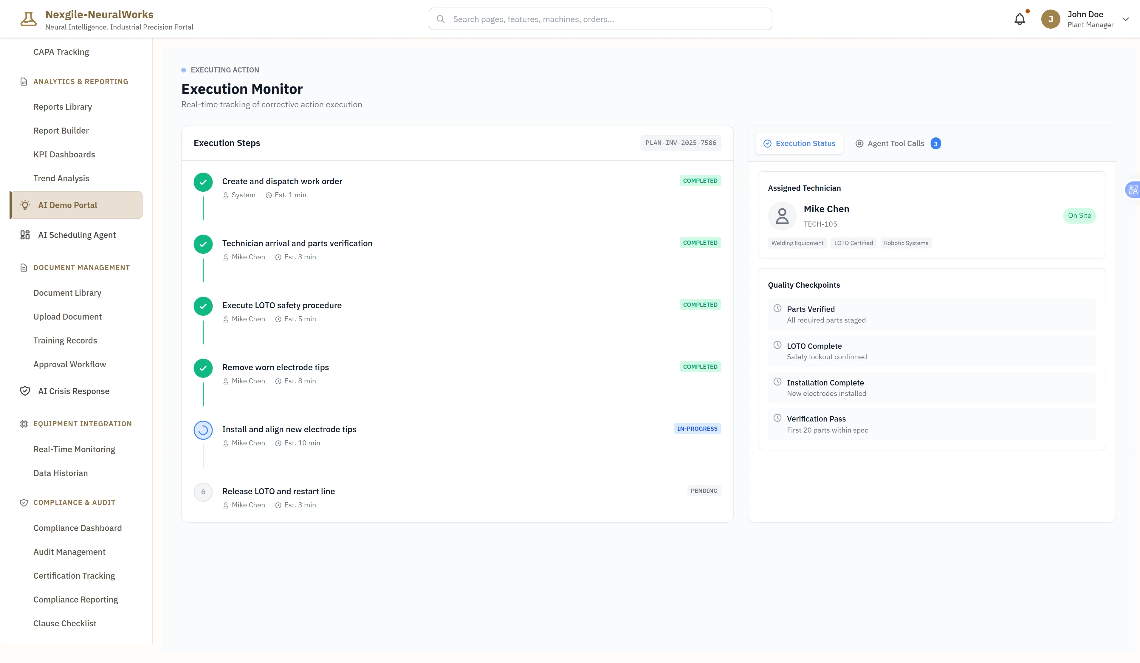 Execution Monitor - Real-time Corrective Action Tracking - Live execution dashboard monitoring approved corrective action implementation with step-by-step progress tracking (create and dispatch work order, technician arrival and parts verification, execute LOTO safety procedure, remove worn electrode tips, install and align new electrode tips, release LOTO and restart line). Displays assigned technician details (Mike Chen, TECH-105, On Site status) with certifications (Welding Equipment, LOTO Certified, Robotic Systems), quality checkpoints validation (Parts Verified - all required parts staged, LOTO Complete - safety lockout confirmed, Installation Complete - new electrodes installed, Verification Pass - first 20 parts within spec), Agent Tool Calls monitoring panel showing real-time AI agent actions and observations during execution, and estimated completion times for each execution step ensuring proper sequencing and safety compliance