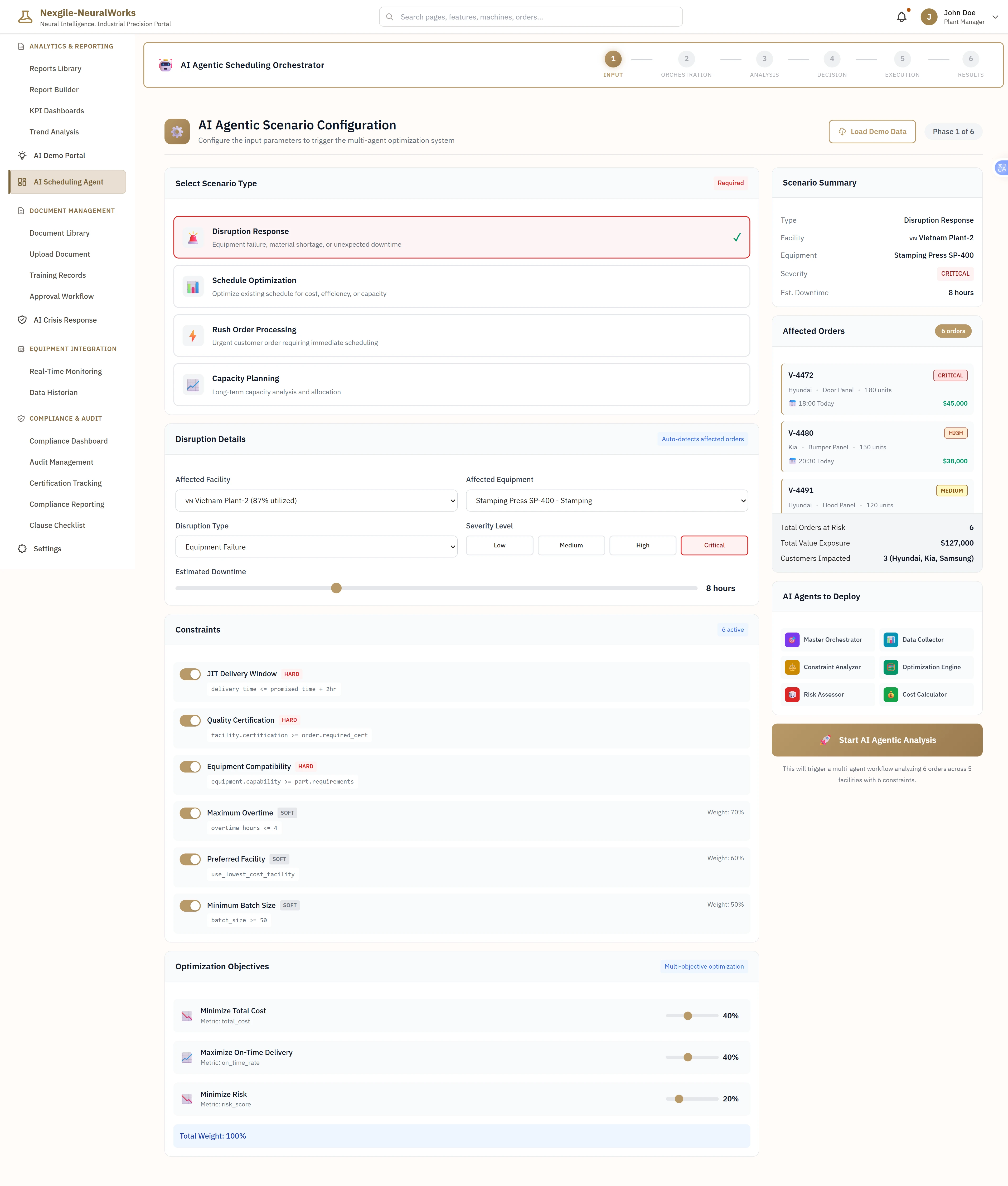 AI Agentic Scenario Configuration - Interactive setup interface for configuring production disruption scenarios with scenario type selection (Disruption Response for equipment failures and material shortages, Schedule Optimization for cost and efficiency, Rush Order Processing for urgent customer demands, Capacity Planning for long-term analysis). Shows detailed disruption configuration for Vietnam Plant-2 Stamping Press SP-400 equipment failure with Critical severity and 8-hour estimated downtime. Displays affected orders summary (3 orders: V-4472, V-4480, V-4491 totaling $127,000 value impacting 3 customers including Hyundai and Kia). Features comprehensive constraint configuration with toggle controls and weight sliders for JIT Delivery Window (HARD), Quality Certification (HARD), Equipment Compatibility (HARD), Maximum Overtime (SOFT 70%), Preferred Facility (SOFT 60%), and Minimum Batch Size (SOFT 30%). Includes multi-objective optimization controls with weighted sliders balancing Minimize Total Cost (40%), Maximize On-Time Delivery (40%), and Minimize Risk (20%). Shows AI Agents to Deploy panel listing Master Orchestrator, Data Collector, Constraint Analyzer, Optimization Engine, Risk Assessor, and Cost Calculator ready for deployment