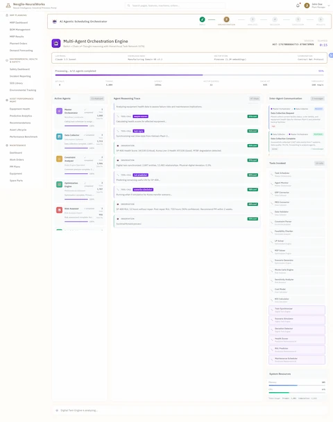 Multi-Agent Orchestration Engine - Real-time Hierarchical Task Network (HTN) execution dashboard showing Claude 3.5 Sonnet LLM model orchestrating 11 agents across Manufacturing Domain KB v3.2 knowledge base and Pinecone vector store (1.2M embeddings) using Contract Net Protocol coordination. Displays processing progress (6/11 agents completed, 55% complete) with API calls (6), context size (3,088), latency (183ms), and vector queries (22) metrics. Features Active Agents panel showing Master Orchestrator (1 invoked, 5,088 tokens), Data Collector (2 invoked, 1,723 tokens), Constraint Analyzer (2 completed, 1,965 tokens), Optimization Engine (2 completed, 1,787 tokens), and Risk Assessor (2 completed, 956 tokens) with progress bars at 100%. Includes Agent Reasoning Trace displaying detailed thought processes: equipment health data analysis for failure risks, facility synchronization from Vietnam Plant-2, digital twin analysis with 2,847 entities and 12,483 relationships showing <1% physical-digital deviation, and Monte Carlo simulation predictions. Shows Inter-Agent Communication panel with message exchanges between Master Orchestrator and Data Collector regarding facility capacity, order details, and production schedules. Lists comprehensive Tools Involved including Task Scheduler, Agent Monitor, ERP Connector, MES Connector, Data Validator, Constraint Parser, Feasibility Checker, LP Solver, MIP Solver, Scenario Generator, Monte Carlo Engine, Sensitivity Analyzer, Cost Model, and ROI Calculator. Displays System Resources utilization (Memory 18%, CPU 17%)