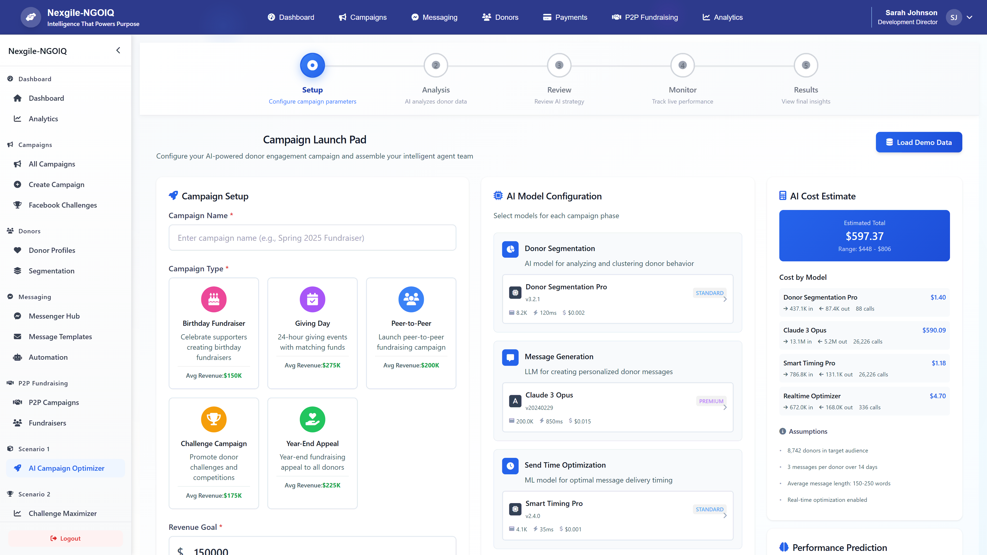 Campaign Launch Pad - Configure AI-powered donor engagement campaigns with campaign type selection, AI model configuration, and cost estimates