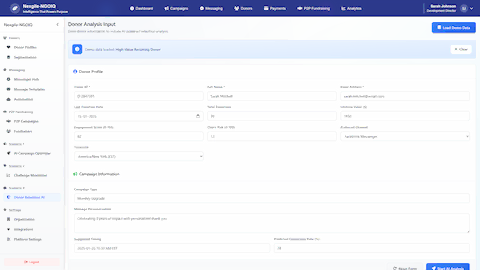 Donor Analysis Input - Enter donor information to initiate AI-powered retention analysis with comprehensive donor profile and campaign configuration