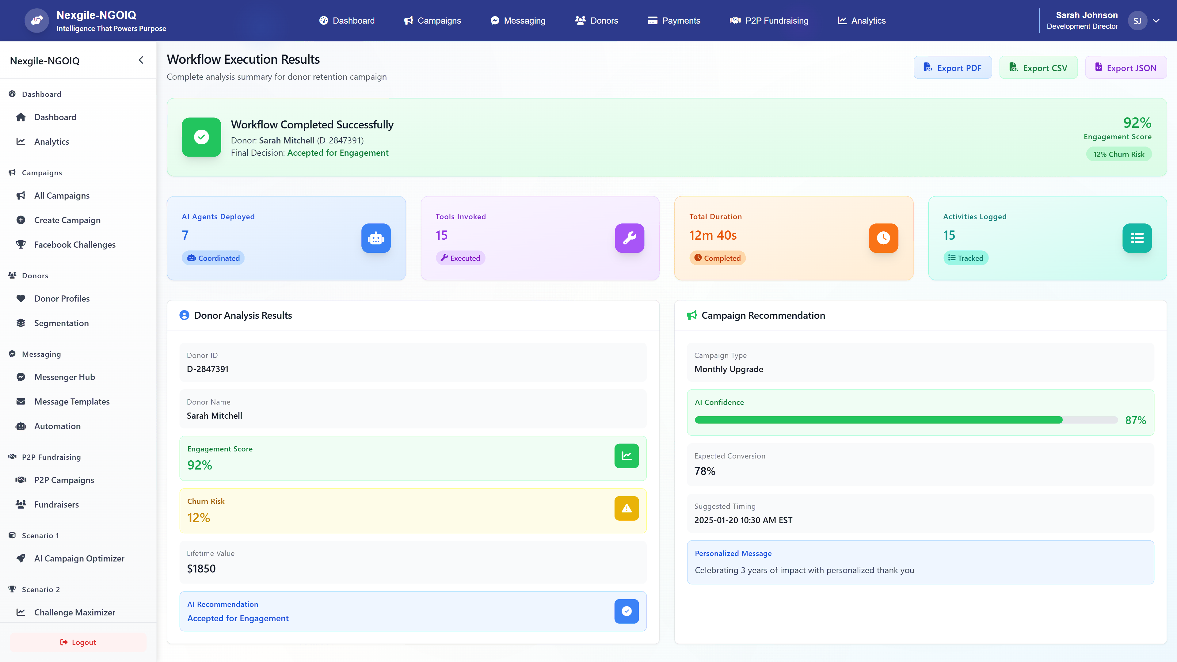 Workflow Execution Results - Complete donor retention analysis with engagement scores, churn risk assessment, and AI-powered campaign recommendations