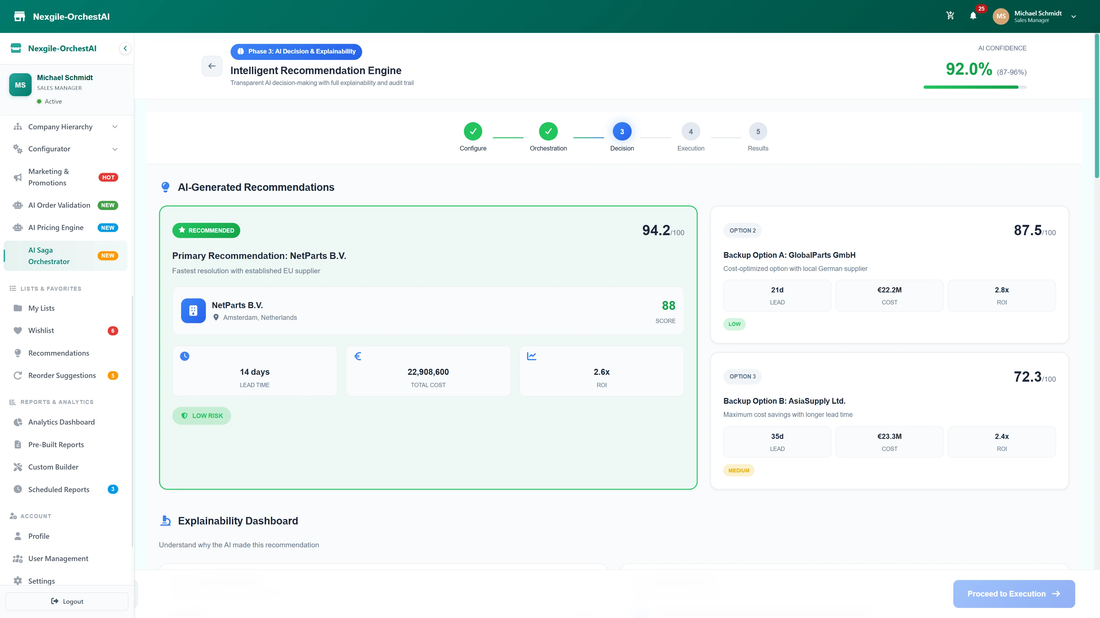 Intelligent Recommendation Engine - AI-generated supplier recommendations with 92% confidence, featuring primary and backup options with lead time, cost, and ROI analysis