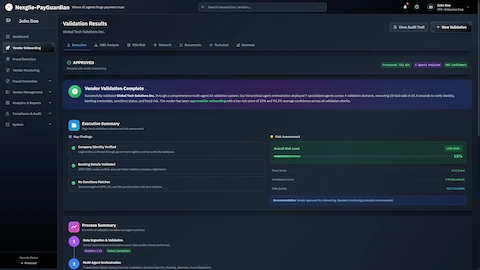 Validation Results - Executive summary dashboard displaying approved vendor status with key findings (Company Identity Verified, Banking Details Validated, No Sanctions Matches), risk assessment showing 15% low risk level, and process summary workflow