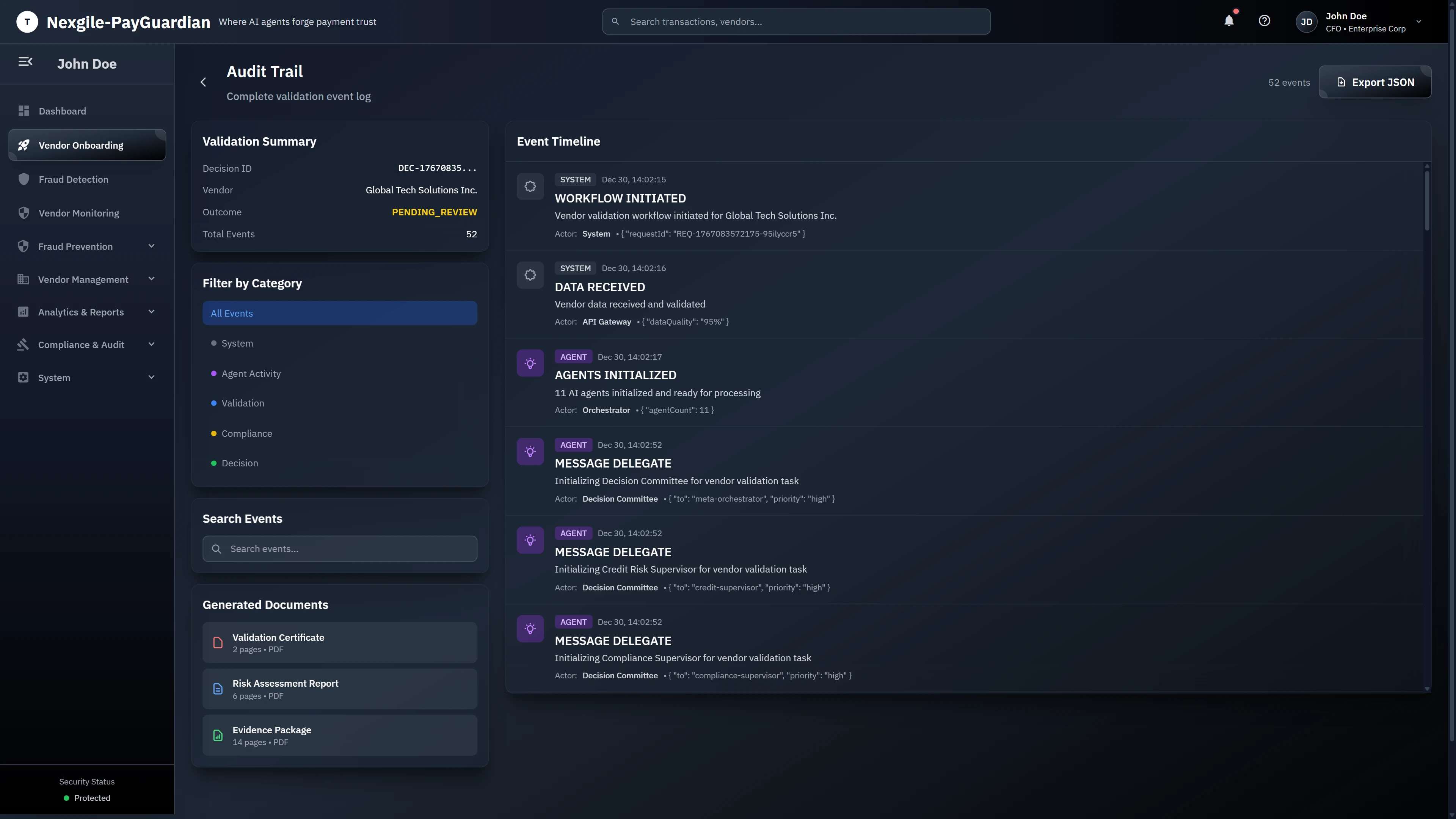Audit Trail - Complete validation event log with 52 events showing workflow timeline, agent initialization, message delegation activities, filterable event categories, and generated compliance documents (Validation Certificate, Risk Assessment Report, Evidence Package)