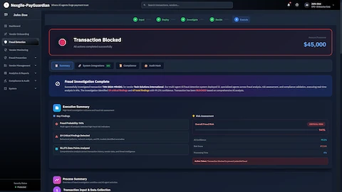 Transaction Blocked - Fraud investigation completion screen showing executive summary with 19 critical findings, 67 total findings, 94% overall fraud risk, 99.2% AI confidence, and process summary documenting the blocked transaction outcome