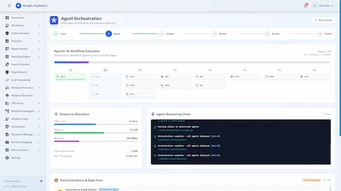 Agent Orchestration - Multi-agent workflow execution displaying 14 specialized agents across 8 parallel stages with resource allocation and real-time reasoning chain