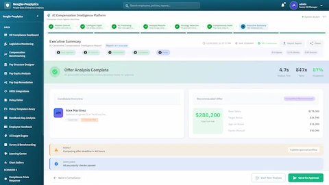 Executive Summary - Offer analysis complete with candidate overview, recommended offer breakdown, and pay equity compliance verification