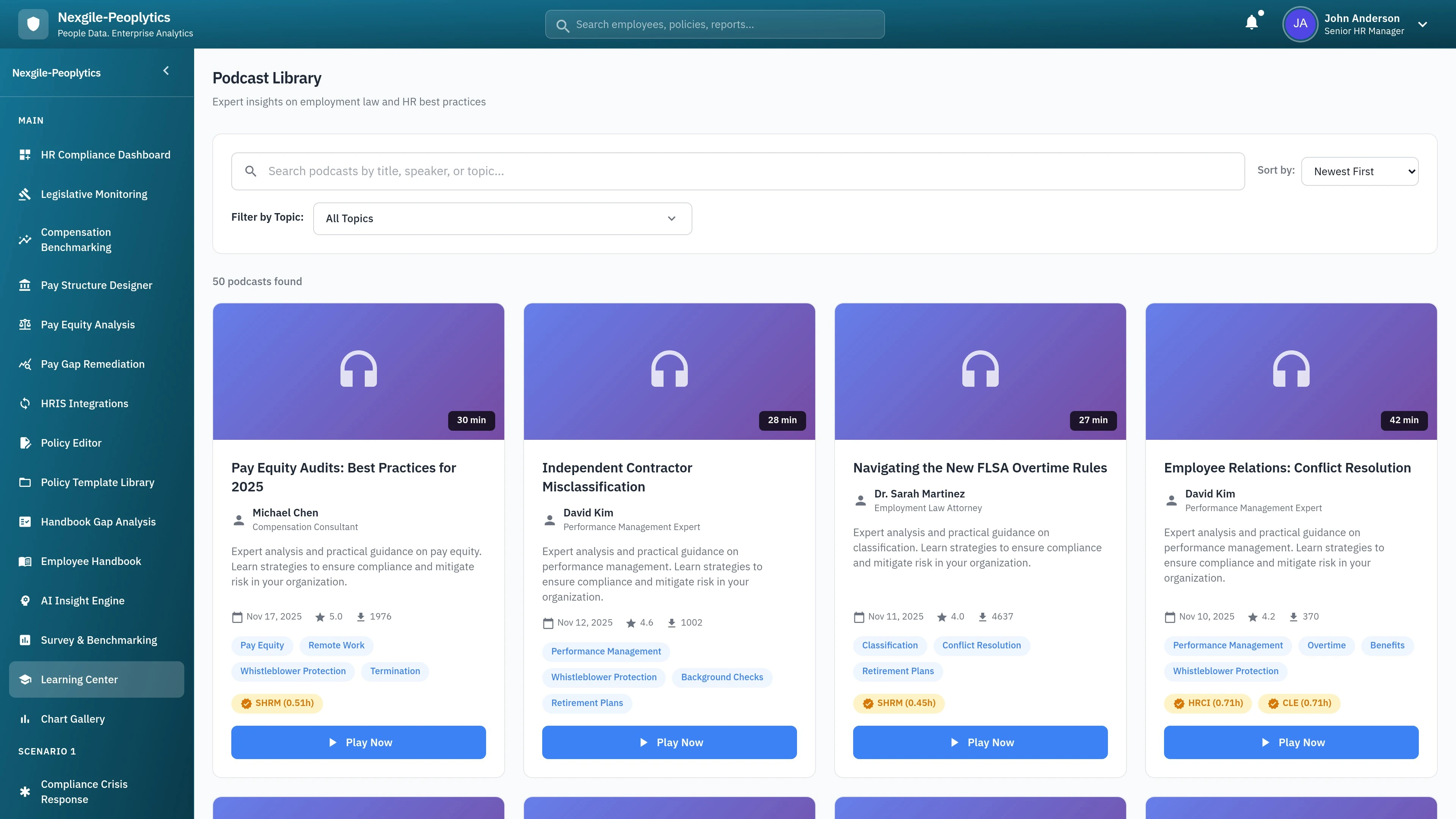 Learning Center - Podcasts section showcasing HR workforce management educational content