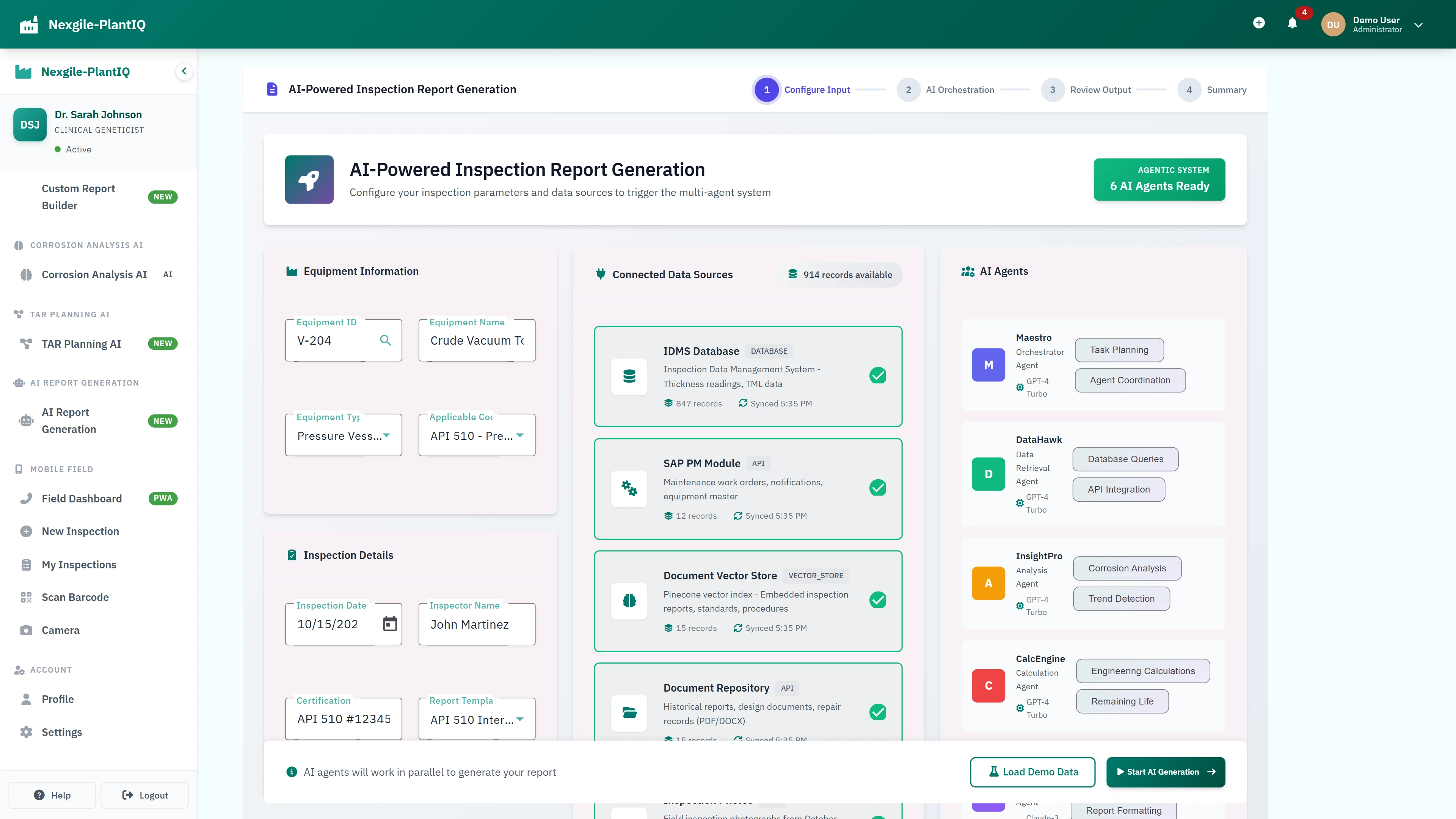 Configure Input - Equipment details, data sources, and AI agent selection
