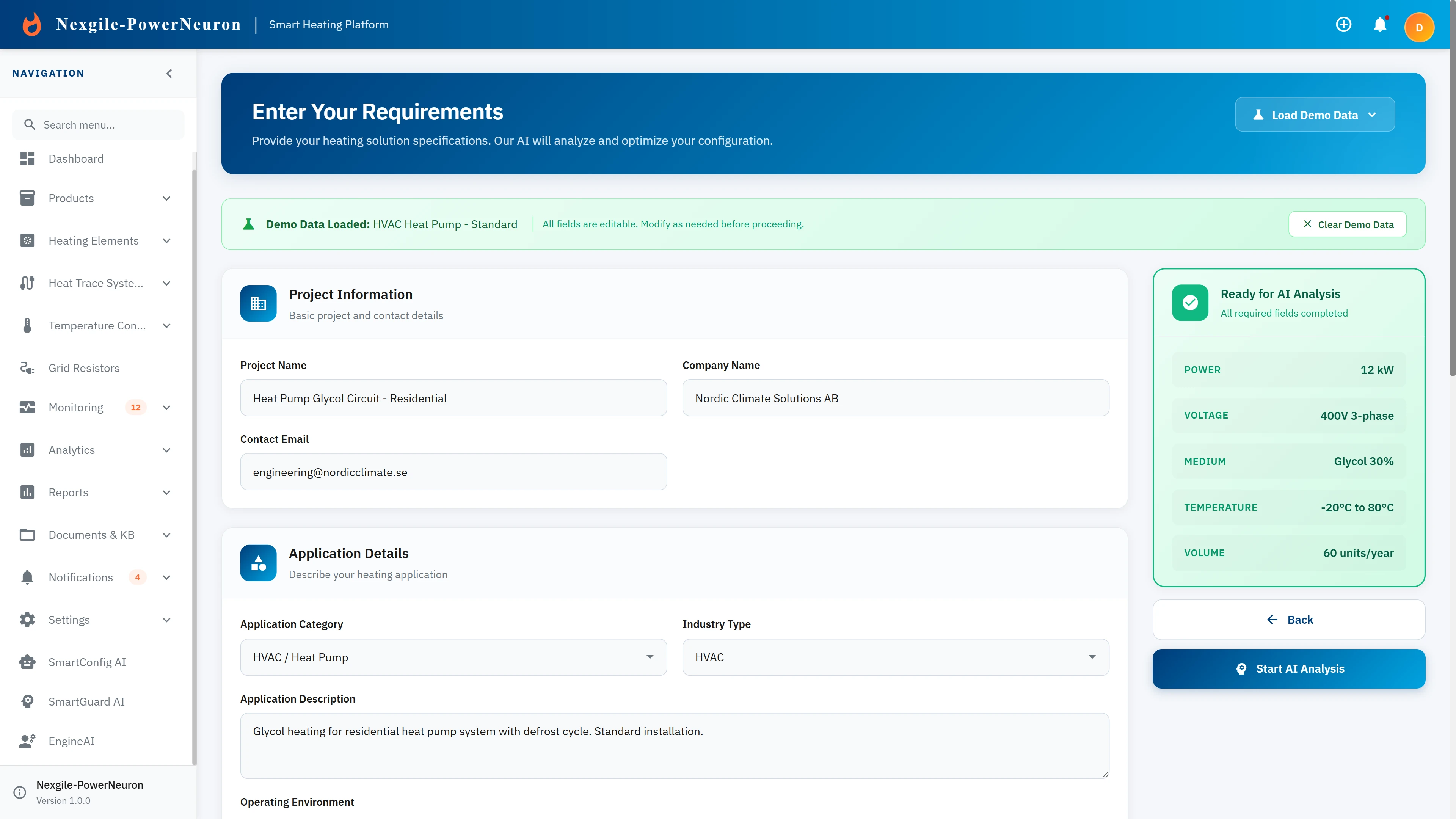 Requirements input form for heating solution configuration with AI analysis preview.
