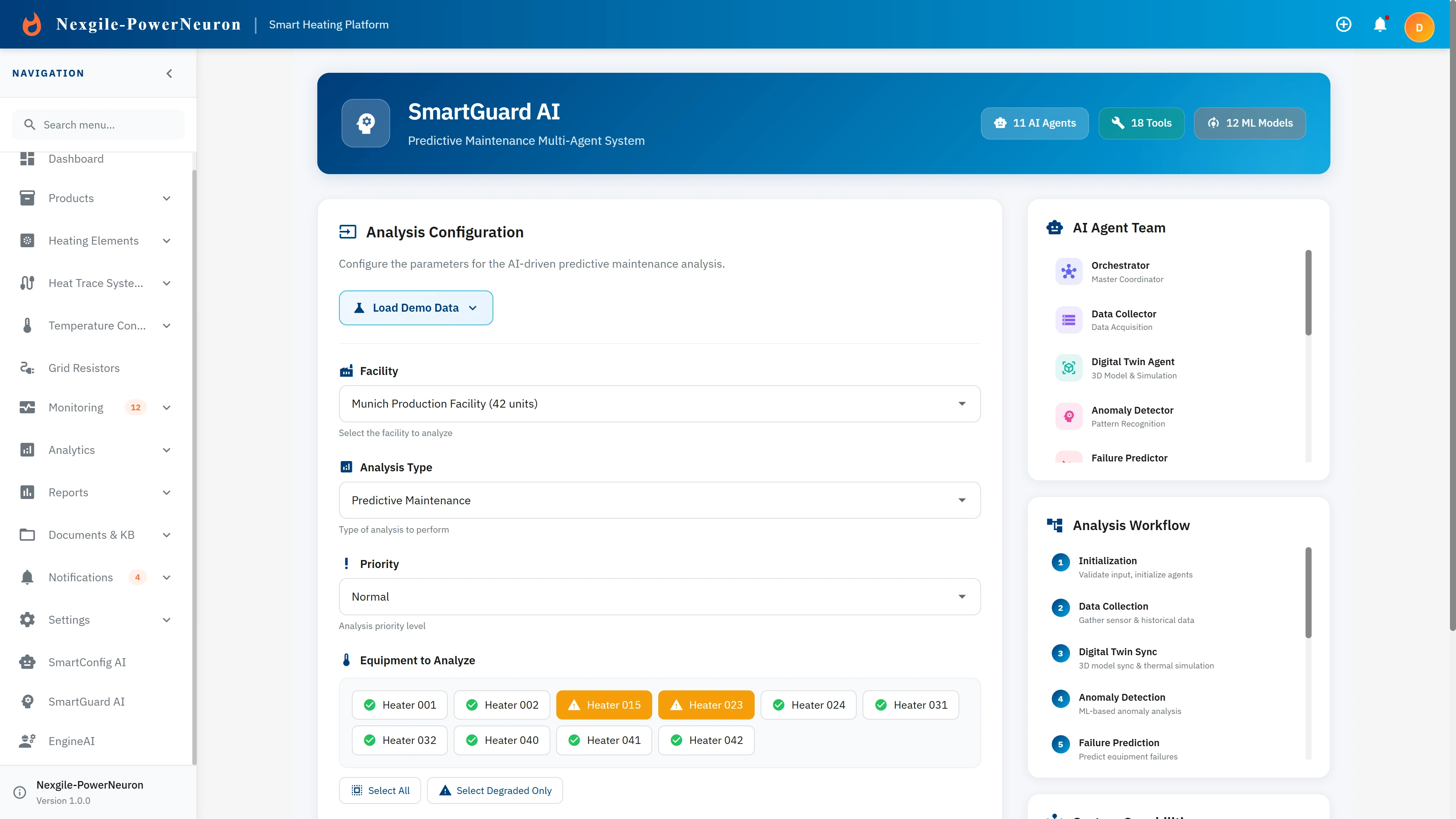 Analysis Configuration interface for predictive maintenance with facility and equipment selection.