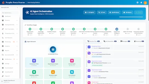 AI Agent Orchestration dashboard with workflow stages and agent network visualization.