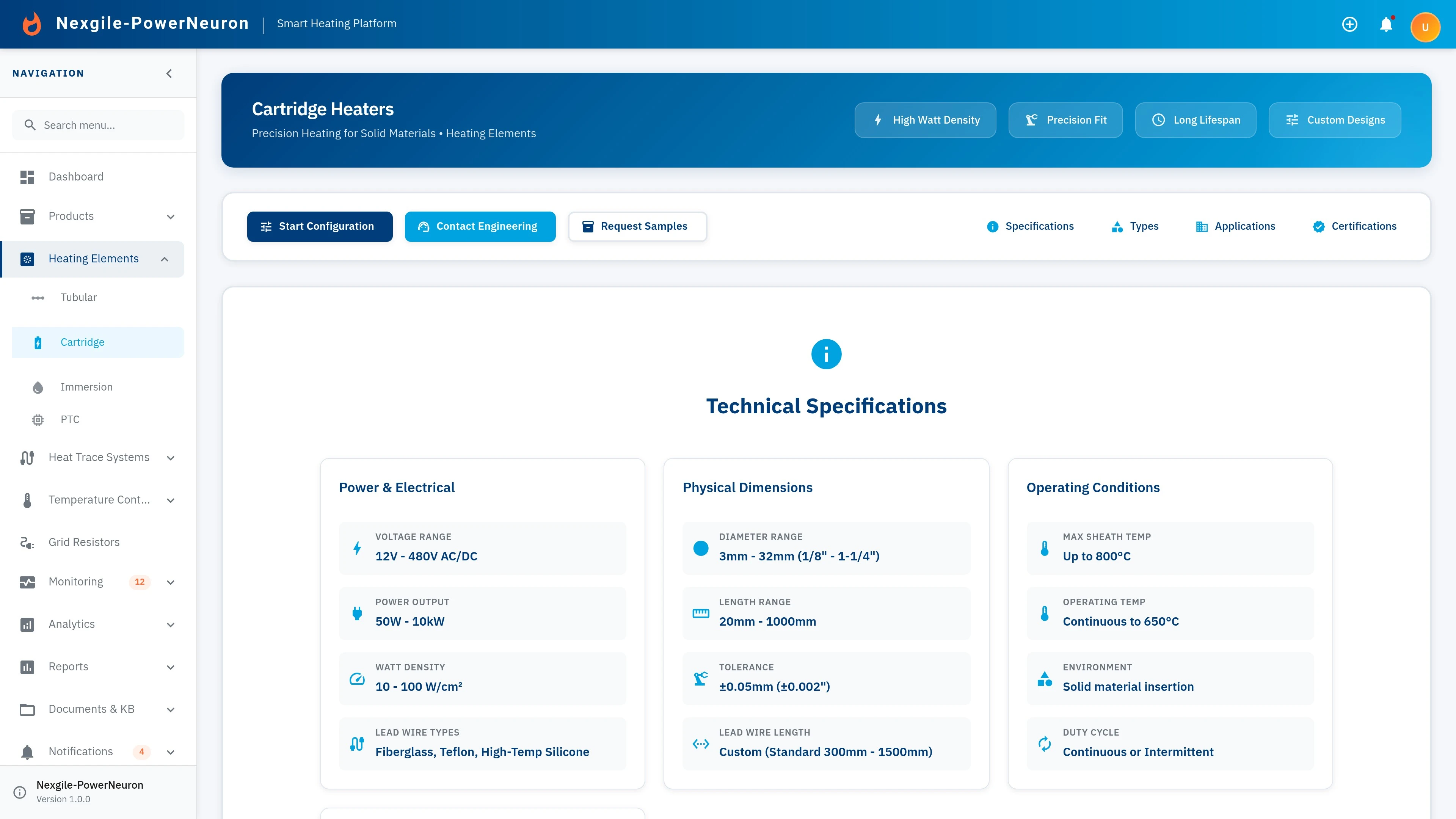 Cartridge Heating Elements Dashboard - Product catalog view showing cartridge heater specifications and configurations
