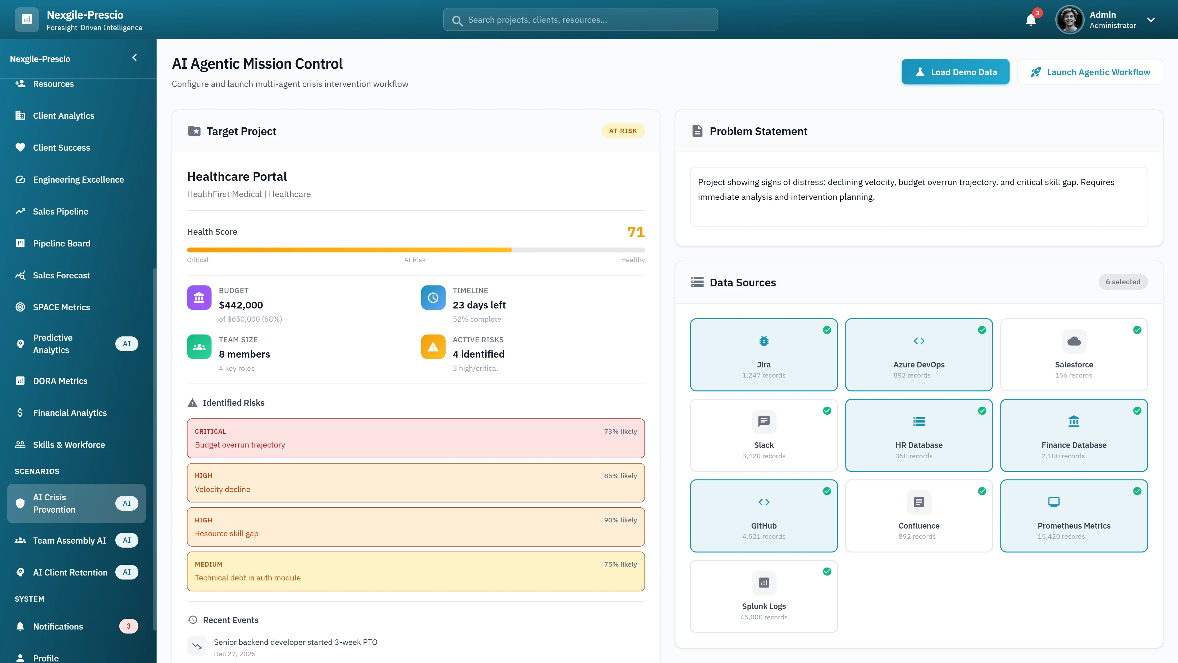AI Agentic Mission Control - Configure target project with health score, budget tracking, identified risks, and connected data sources for crisis analysis