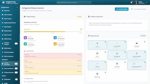 AI Agentic Mission Control - Configure target project with health score, budget tracking, identified risks, and connected data sources for crisis analysis