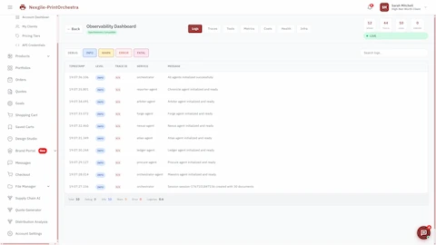 Observability Dashboard with OpenTelemetry compatibility showing system logs, agent initialization status, timestamps, trace IDs, and service messages for all 8 specialized agents.
