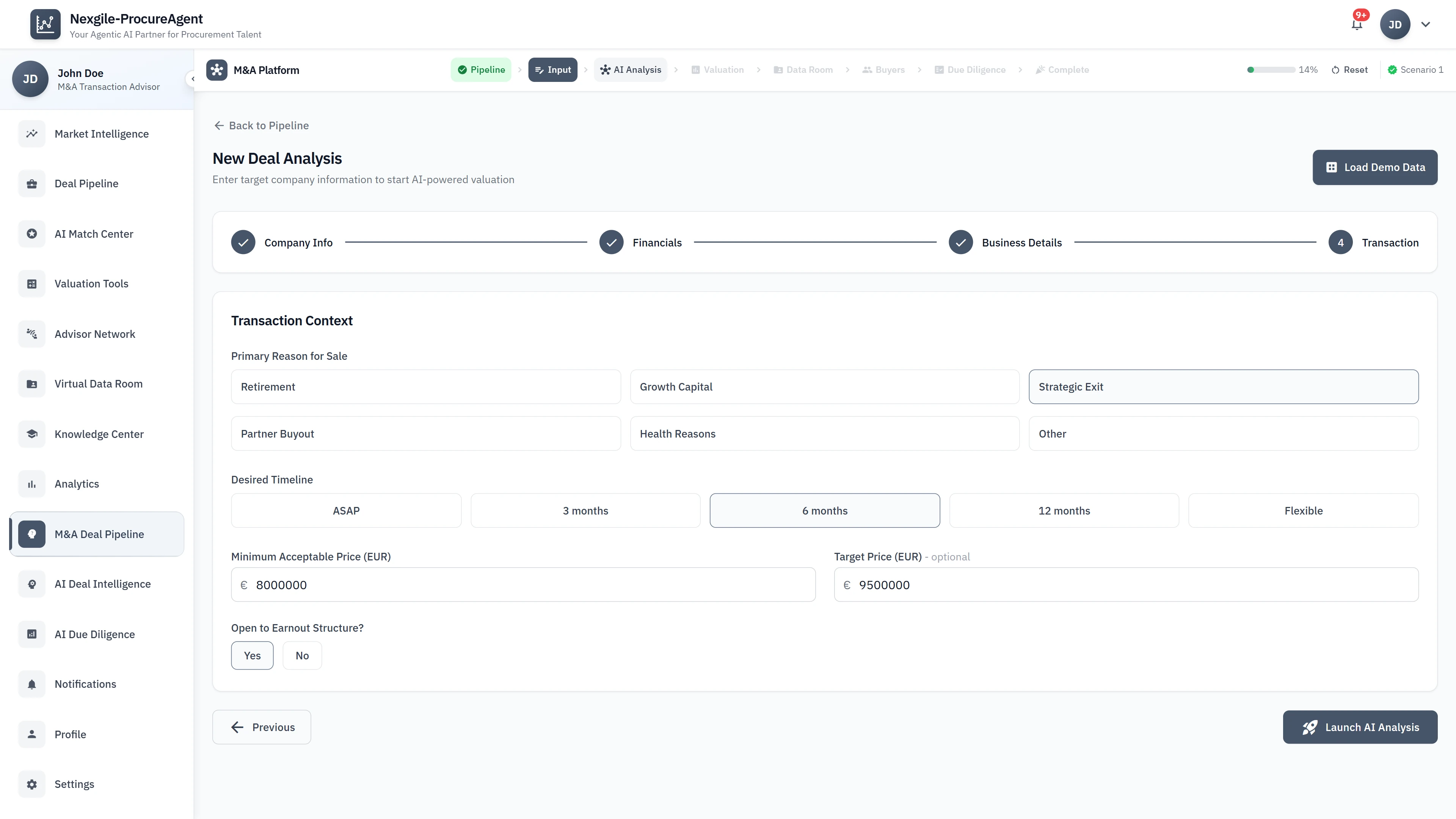 Deal Intake Form - Transaction context with sale reason, timeline preferences, and pricing parameters