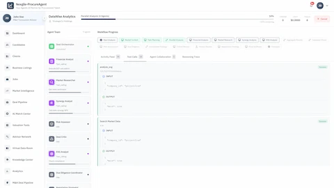Parallel Analysis - 9-agent workflow progress with tool calls, reasoning traces, and real-time outputs