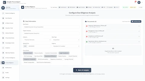 Due Diligence Setup - Deal information, document uploads, focus areas, and analysis configuration