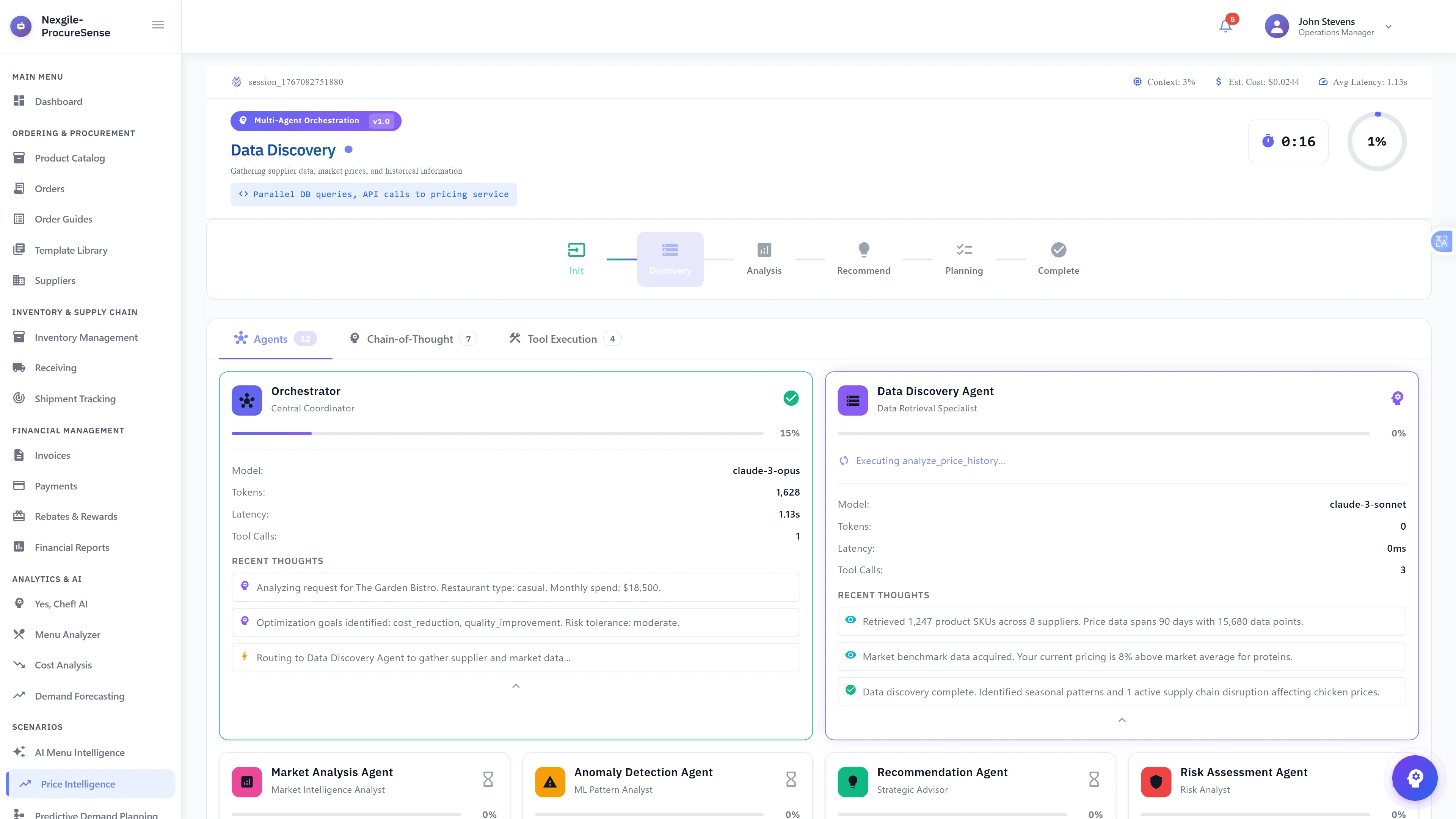 Live Data Discovery Execution - Real-time agent orchestration with Orchestrator routing tasks to Data Discovery Agent, showing retrieval of 1,247 product SKUs across 8 suppliers with market benchmark data and live system metrics.